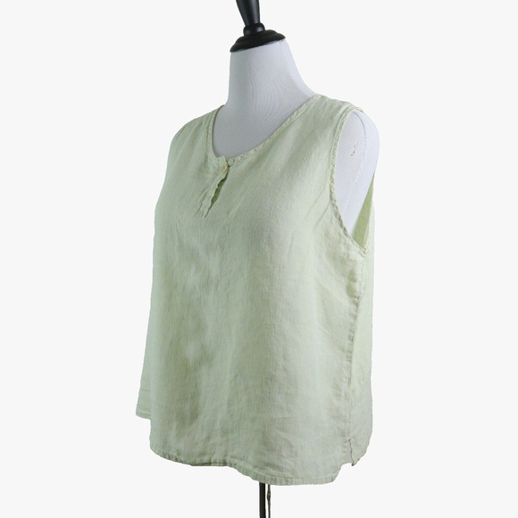 Flax Size L Woven Linen Button Neck Top Light Green Blue Stripe - Picture 1 of 9